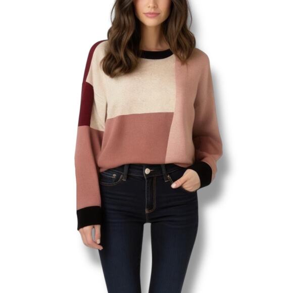 Kate Spade Revolve M Colorblock Crewneck Sweater Pink‎ Maroon Wool Cashmere Twee - Picture 1 of 10